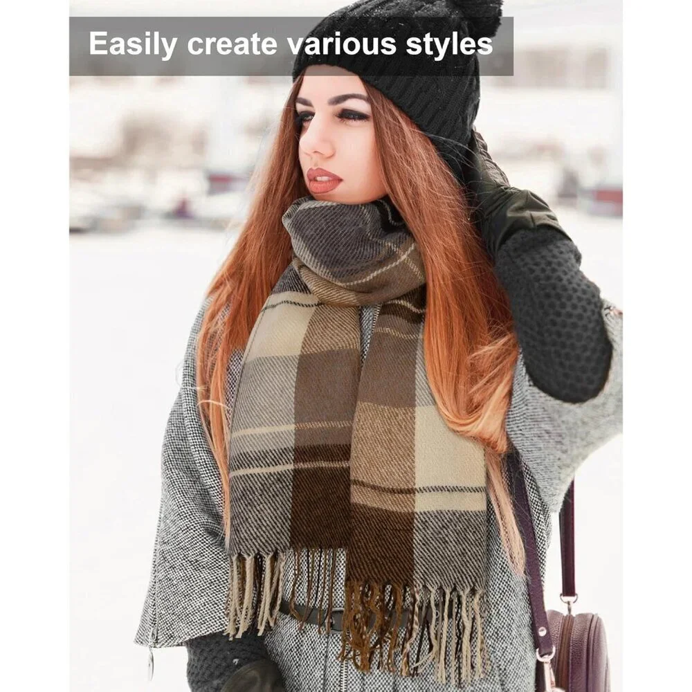 Women's khaki Beige Lattic Scarf Fashion Long Plaid Shawls Wraps Big Grid Winter